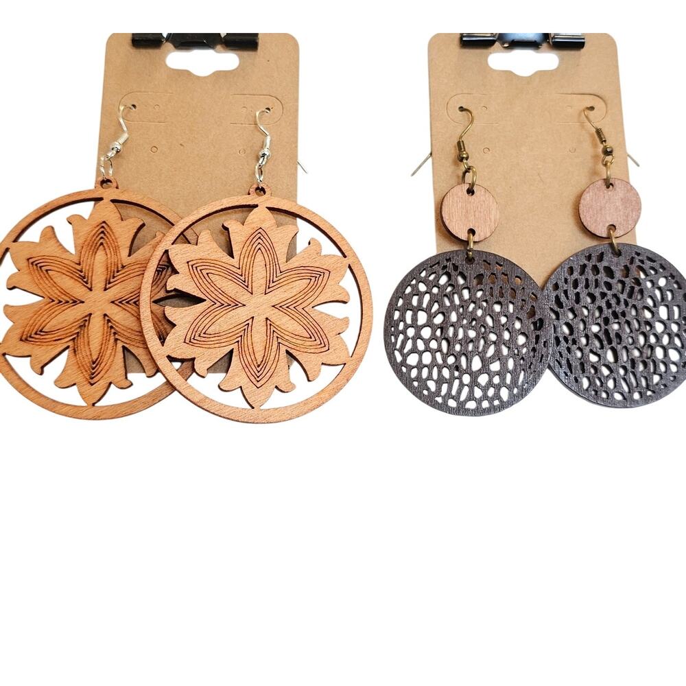 Wood Dangle Earrings Round Cutout Lightweight Floral Boho Pierced Jewelry 2 Pair